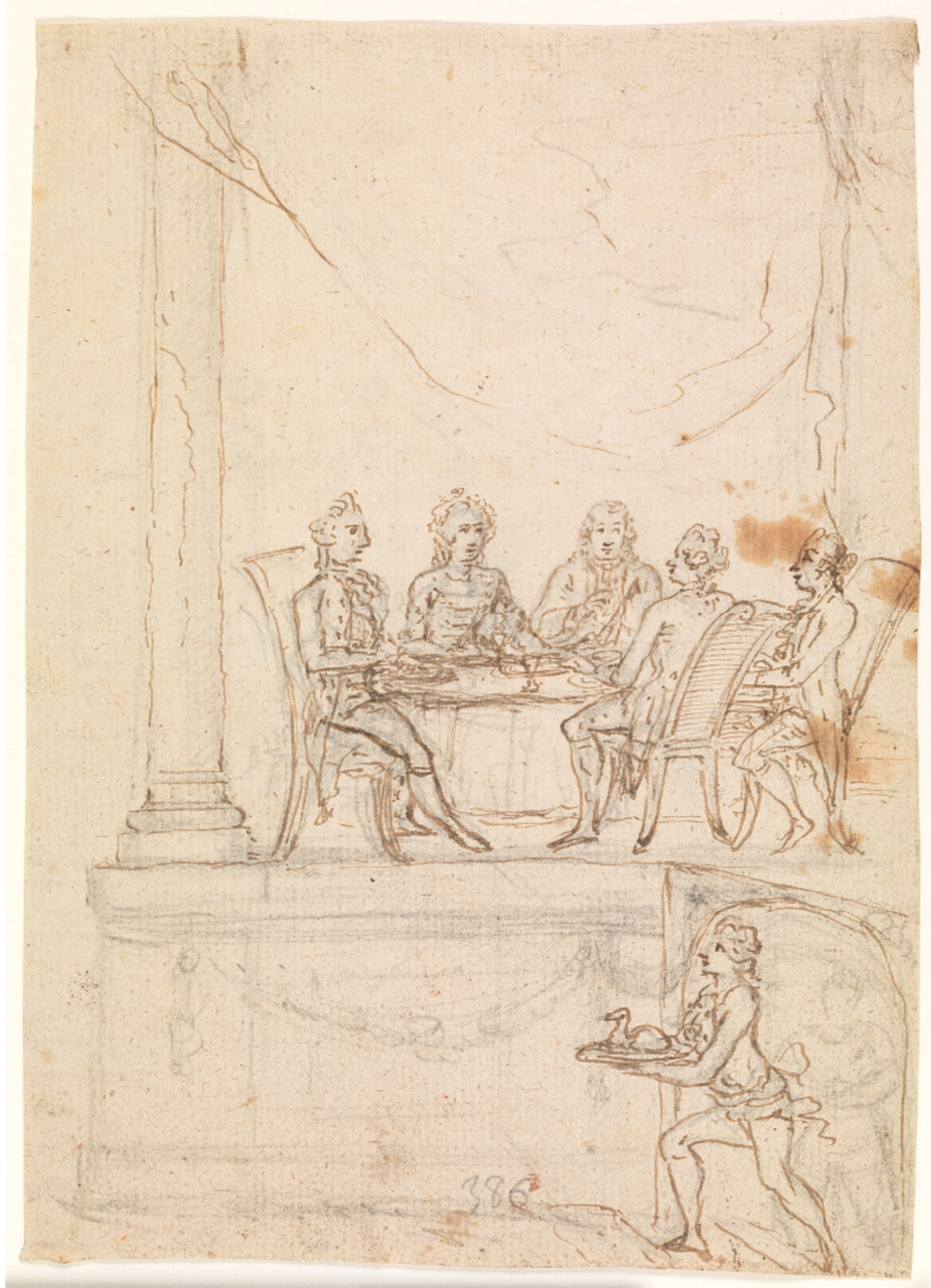 The Danish royal family dining at Hirscholm palace, by Peter Cramer, 1771. SMK,